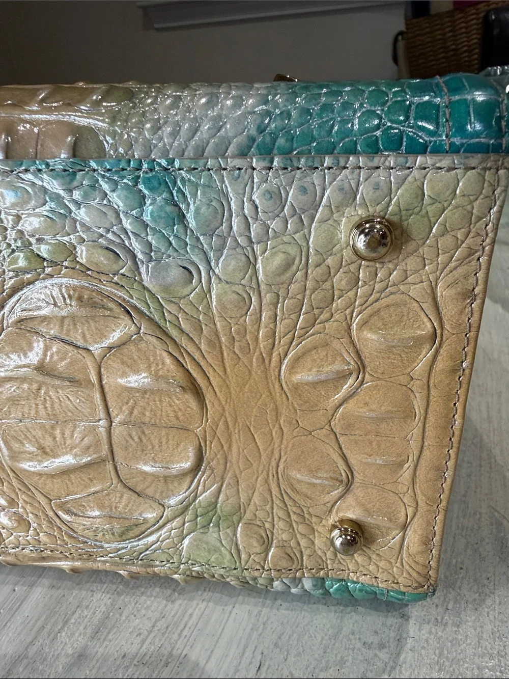 Brahmin Small Caroline Turquoise to Cream Ombre Croc-Embossed Crossbody Satchel